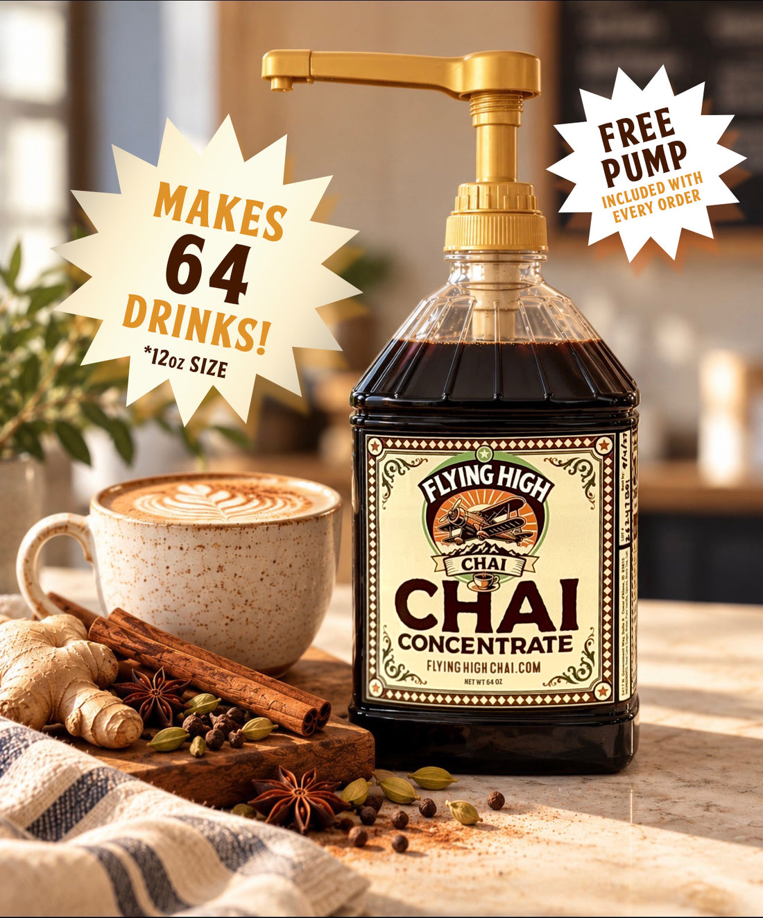 Flying High Chai Concentrate – NEW Mega Size (64 oz Bottle + Free Pump)