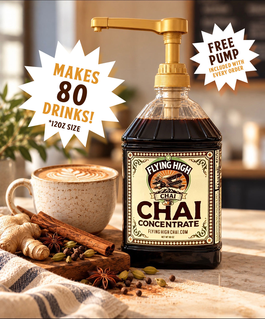 Flying High Chai Concentrate – NEW Mega Size (80 oz Bottle + Free Pump)